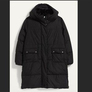 Old Navy Black Faux-Fur Lined Hooded Long Puffer Coat for Women